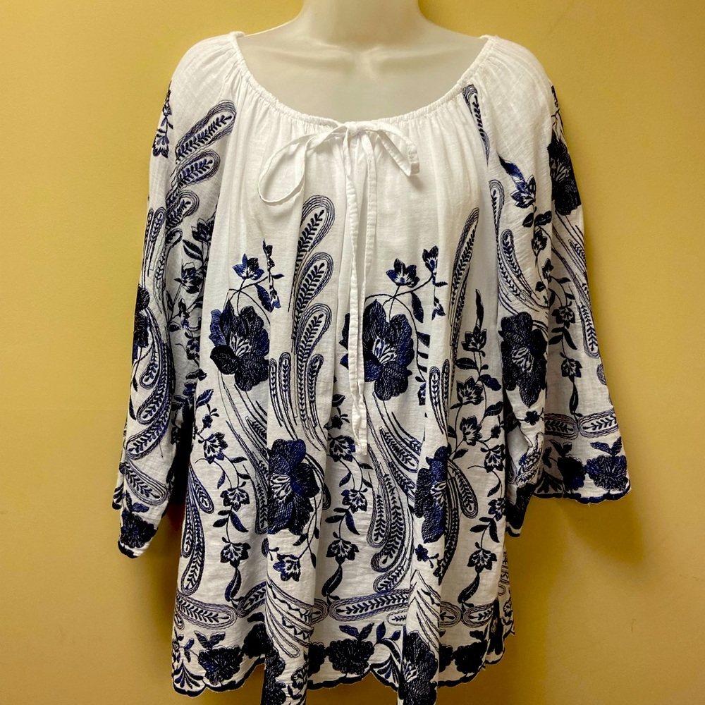 Peasant blouse, blue and white, size small